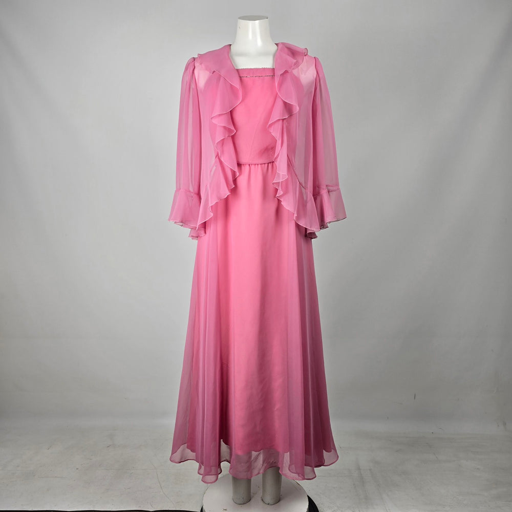 Vintage Party Time Fashions Pink Chiffon Maxi Dress & Ruffle Jacket Set - Size S
