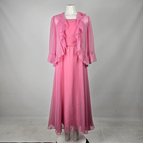 Vintage Party Time Fashions Pink Chiffon Maxi Dress & Ruffle Jacket Set - Size S
