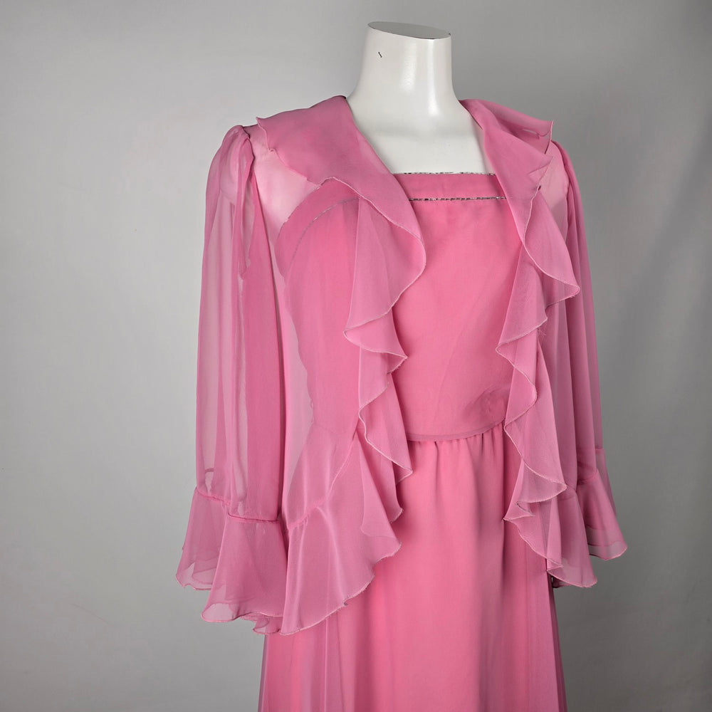 Vintage Party Time Fashions Pink Chiffon Maxi Dress & Ruffle Jacket Set - Size S