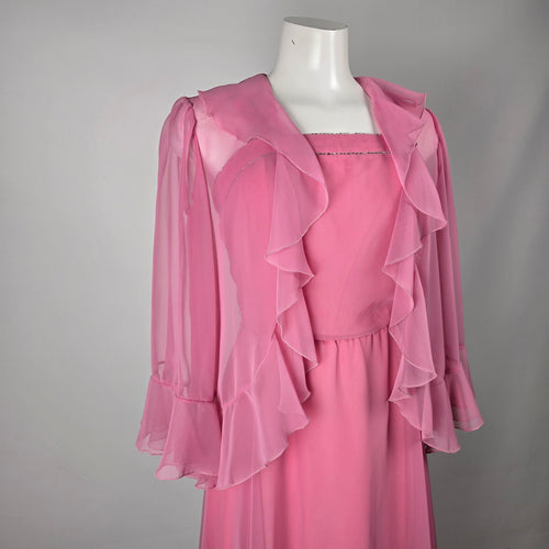 Vintage Party Time Fashions Pink Chiffon Maxi Dress & Ruffle Jacket Set - Size S
