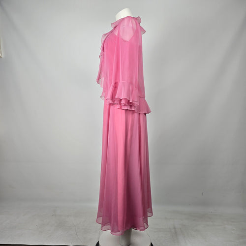Vintage Party Time Fashions Pink Chiffon Maxi Dress & Ruffle Jacket Set - Size S