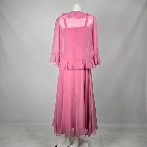 Vintage Party Time Fashions Pink Chiffon Maxi Dress & Ruffle Jacket Set - Size S