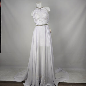 Mingda's Dress White Lace Chiffon Halter Wedding Gown with Rhinestone Pearl Trim - Size S