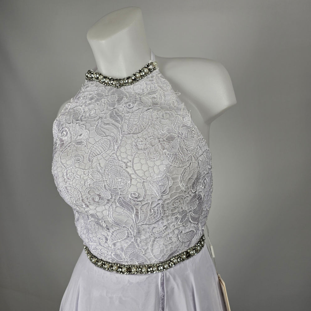 Mingda's Dress White Lace Chiffon Halter Wedding Gown with Rhinestone Pearl Trim - Size S