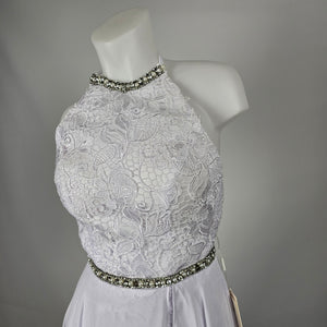 Mingda's Dress White Lace Chiffon Halter Wedding Gown with Rhinestone Pearl Trim - Size S