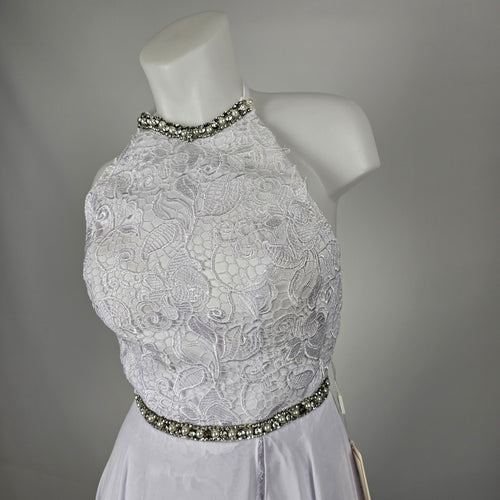 Mingda's Dress White Lace Chiffon Halter Wedding Gown with Rhinestone Pearl Trim - Size S
