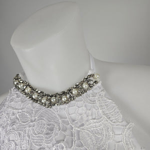 Mingda's Dress White Lace Chiffon Halter Wedding Gown with Rhinestone Pearl Trim - Size S