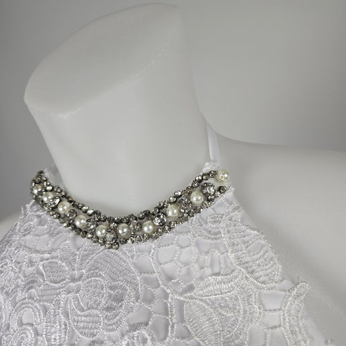 Mingda's Dress White Lace Chiffon Halter Wedding Gown with Rhinestone Pearl Trim - Size S
