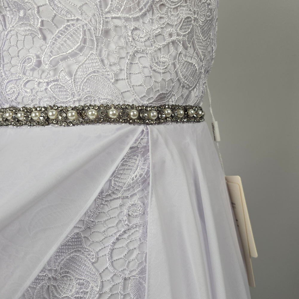 Mingda's Dress White Lace Chiffon Halter Wedding Gown with Rhinestone Pearl Trim - Size S