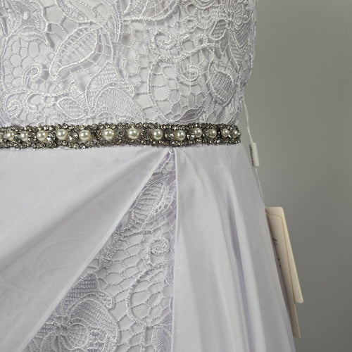 Mingda's Dress White Lace Chiffon Halter Wedding Gown with Rhinestone Pearl Trim - Size S