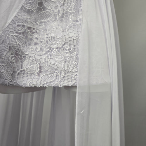 Mingda's Dress White Lace Chiffon Halter Wedding Gown with Rhinestone Pearl Trim - Size S