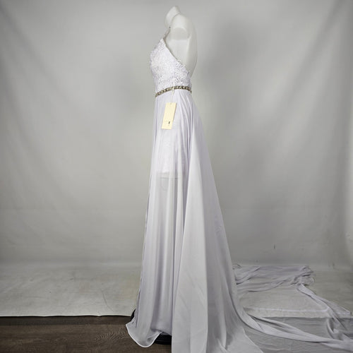 Mingda's Dress White Lace Chiffon Halter Wedding Gown with Rhinestone Pearl Trim - Size S