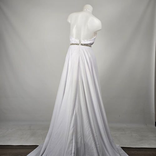 Mingda's Dress White Lace Chiffon Halter Wedding Gown with Rhinestone Pearl Trim - Size S