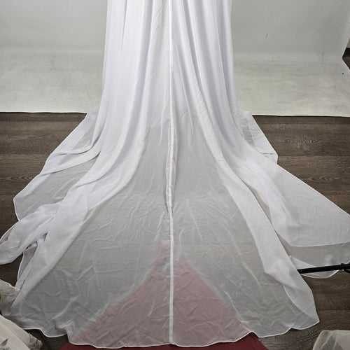 Mingda's Dress White Lace Chiffon Halter Wedding Gown with Rhinestone Pearl Trim - Size S