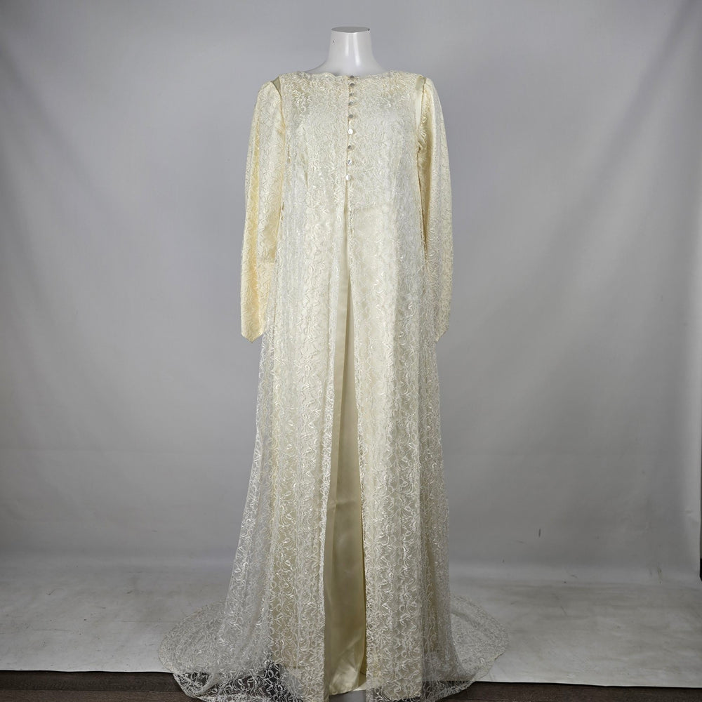 Vintage Ivory Satin Wedding Gown with Long Lace Overlay Vest & Train - Size S/M