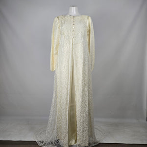 Vintage Ivory Satin Wedding Gown with Long Lace Overlay Vest & Train - Size S/M