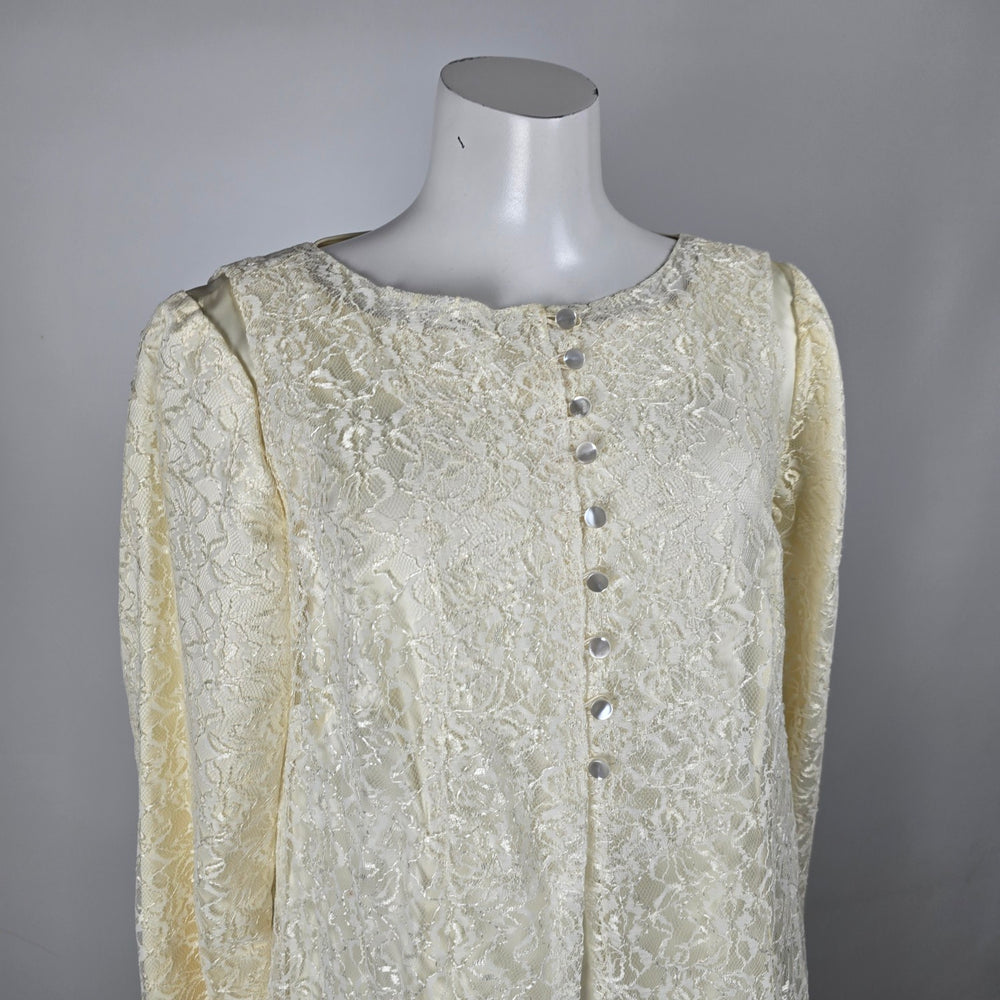 Vintage Ivory Satin Wedding Gown with Long Lace Overlay Vest & Train - Size S/M