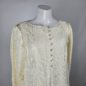 Vintage Ivory Satin Wedding Gown with Long Lace Overlay Vest & Train - Size S/M