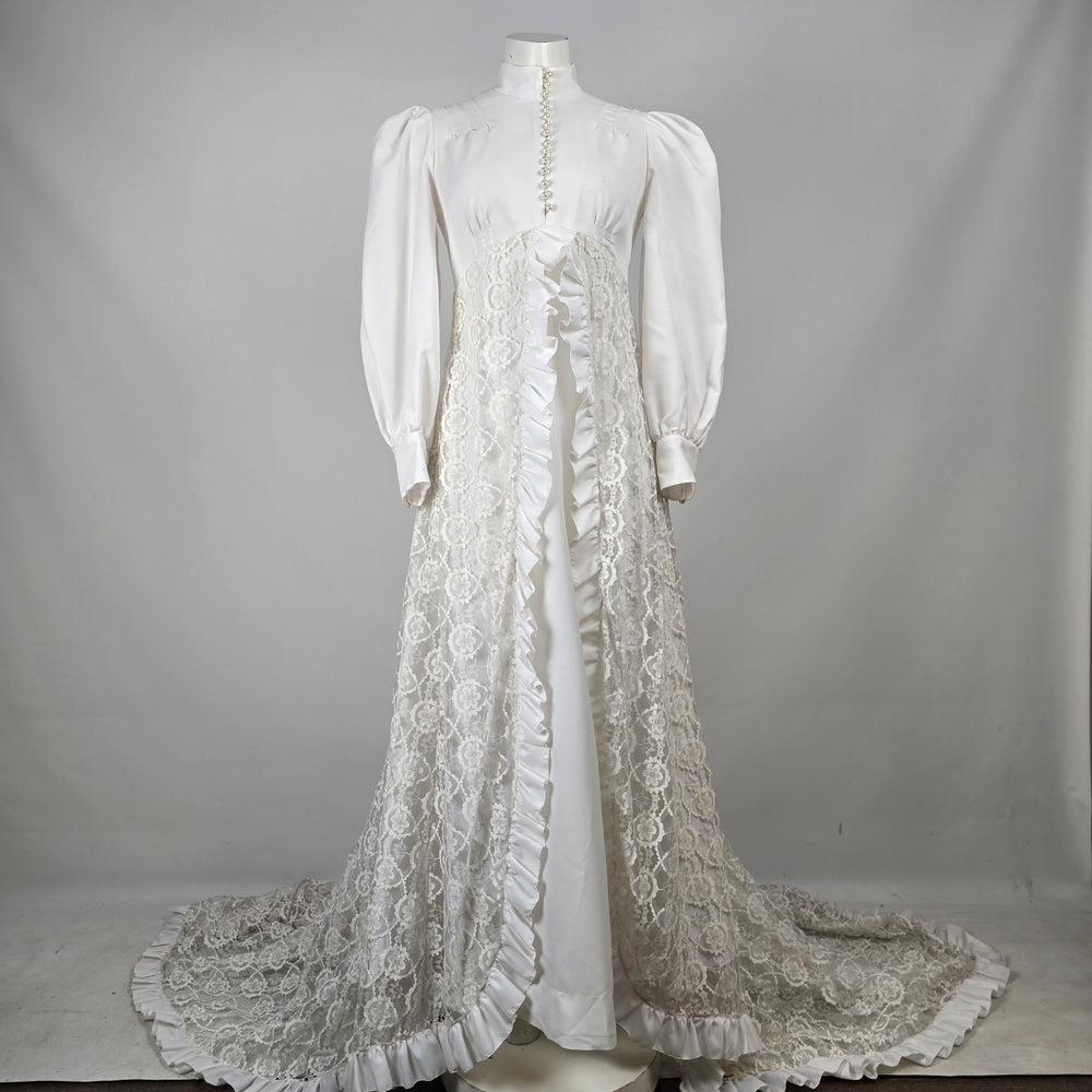 Vintage Ivory High-Neck Lace Wedding Gown with Puff Sleeves & Ruffled Train - Size S