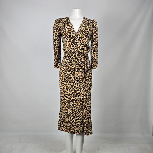 Veronica Beard Leopard Print Silk Blend Ruched Wrap Midi Dress - Size 0
