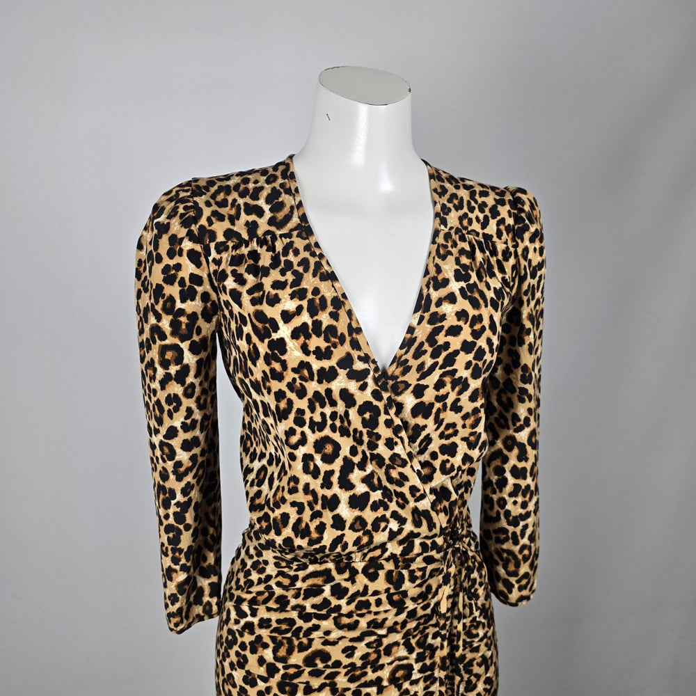Veronica Beard Leopard Print Silk Blend Ruched Wrap Midi Dress - Size 0