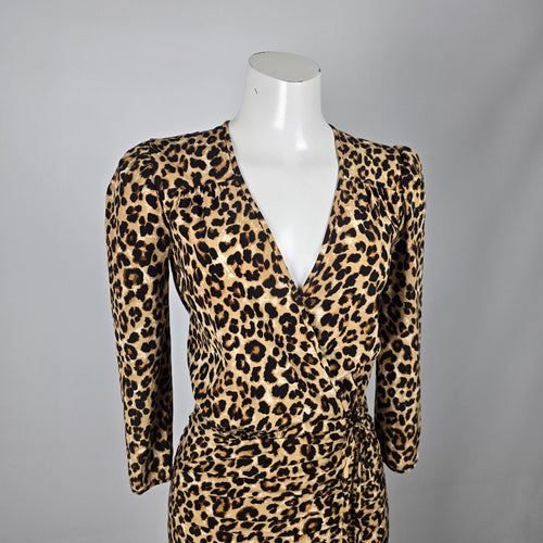 Veronica Beard Leopard Print Silk Blend Ruched Wrap Midi Dress - Size 0