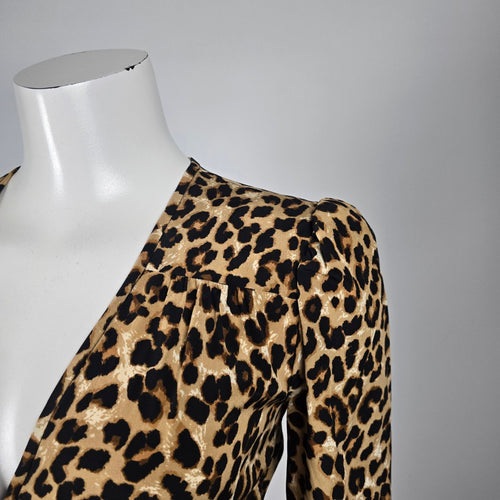 Veronica Beard Leopard Print Silk Blend Ruched Wrap Midi Dress - Size 0