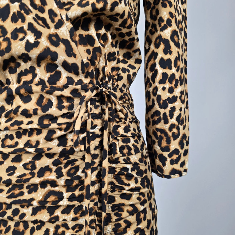 Veronica Beard Leopard Print Silk Blend Ruched Wrap Midi Dress - Size 0