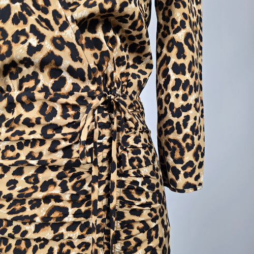 Veronica Beard Leopard Print Silk Blend Ruched Wrap Midi Dress - Size 0