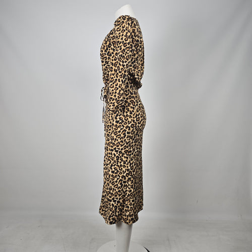 Veronica Beard Leopard Print Silk Blend Ruched Wrap Midi Dress - Size 0