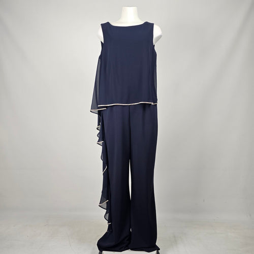 Frank Lyman Navy Blue Rhinestone Trim Ruffle Overlay Jumpsuit - Size 14