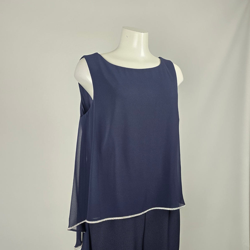 Frank Lyman Navy Blue Rhinestone Trim Ruffle Overlay Jumpsuit - Size 14