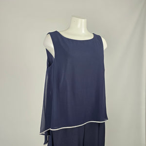 Frank Lyman Navy Blue Rhinestone Trim Ruffle Overlay Jumpsuit - Size 14