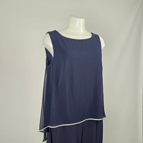 Frank Lyman Navy Blue Rhinestone Trim Ruffle Overlay Jumpsuit - Size 14