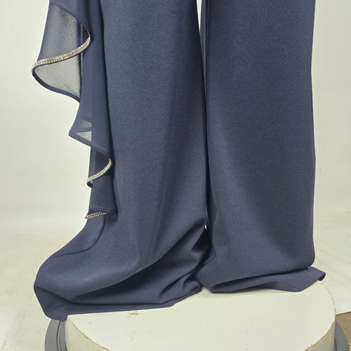 Frank Lyman Navy Blue Rhinestone Trim Ruffle Overlay Jumpsuit - Size 14