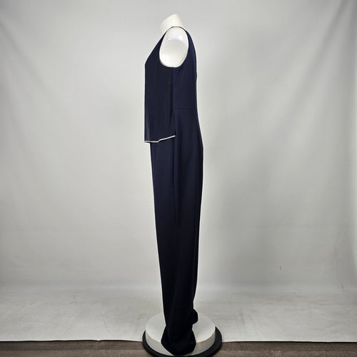 Frank Lyman Navy Blue Rhinestone Trim Ruffle Overlay Jumpsuit - Size 14