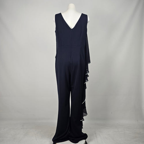Frank Lyman Navy Blue Rhinestone Trim Ruffle Overlay Jumpsuit - Size 14