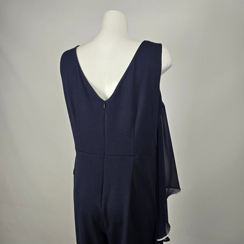 Frank Lyman Navy Blue Rhinestone Trim Ruffle Overlay Jumpsuit - Size 14
