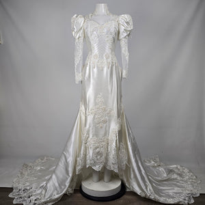 Vintage 90s Ivory Satin Beaded Lace Puff Sleeve Cathedral Train Wedding Gown - Size 11