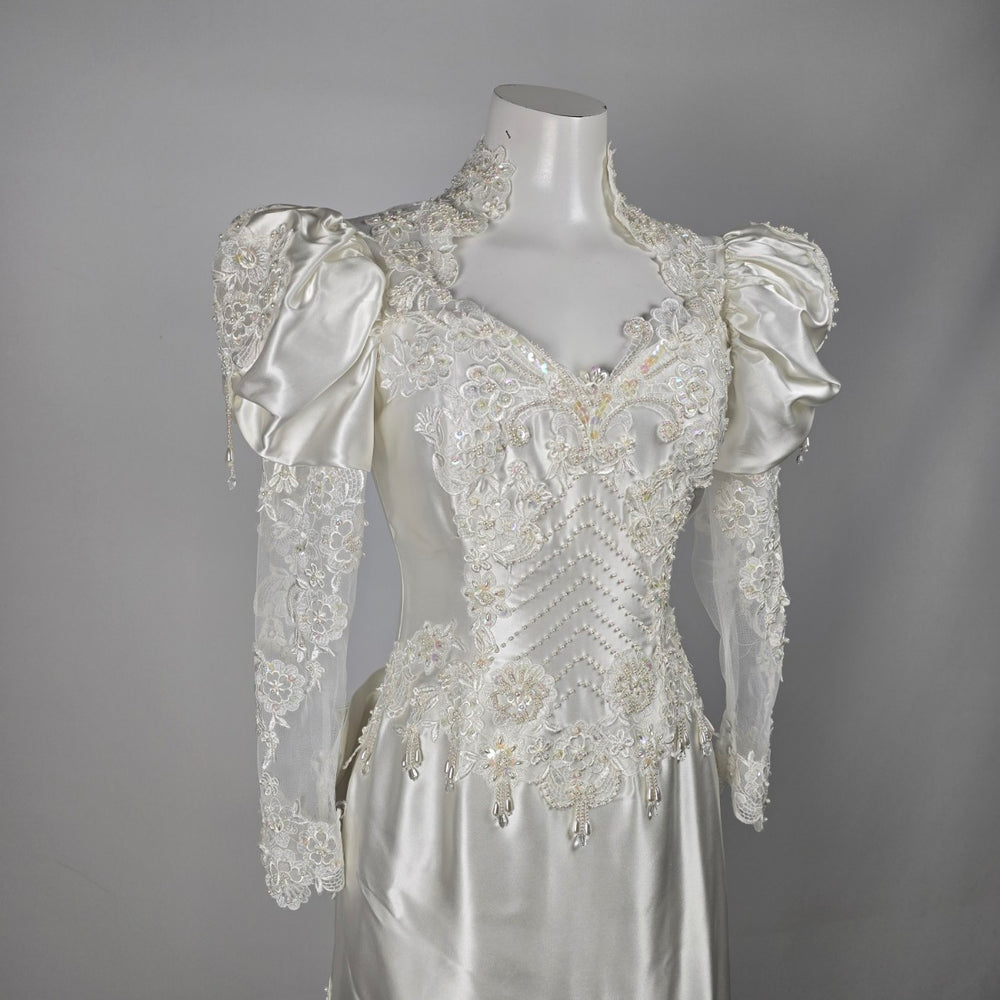 Vintage 90s Ivory Satin Beaded Lace Puff Sleeve Cathedral Train Wedding Gown - Size 11
