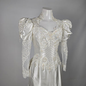 Vintage 90s Ivory Satin Beaded Lace Puff Sleeve Cathedral Train Wedding Gown - Size 11