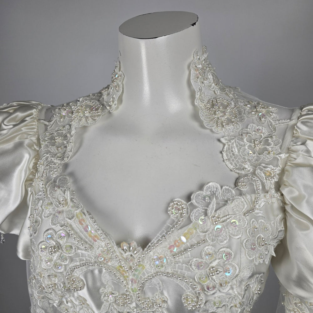 Vintage 90s Ivory Satin Beaded Lace Puff Sleeve Cathedral Train Wedding Gown - Size 11