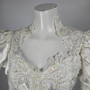 Vintage 90s Ivory Satin Beaded Lace Puff Sleeve Cathedral Train Wedding Gown - Size 11