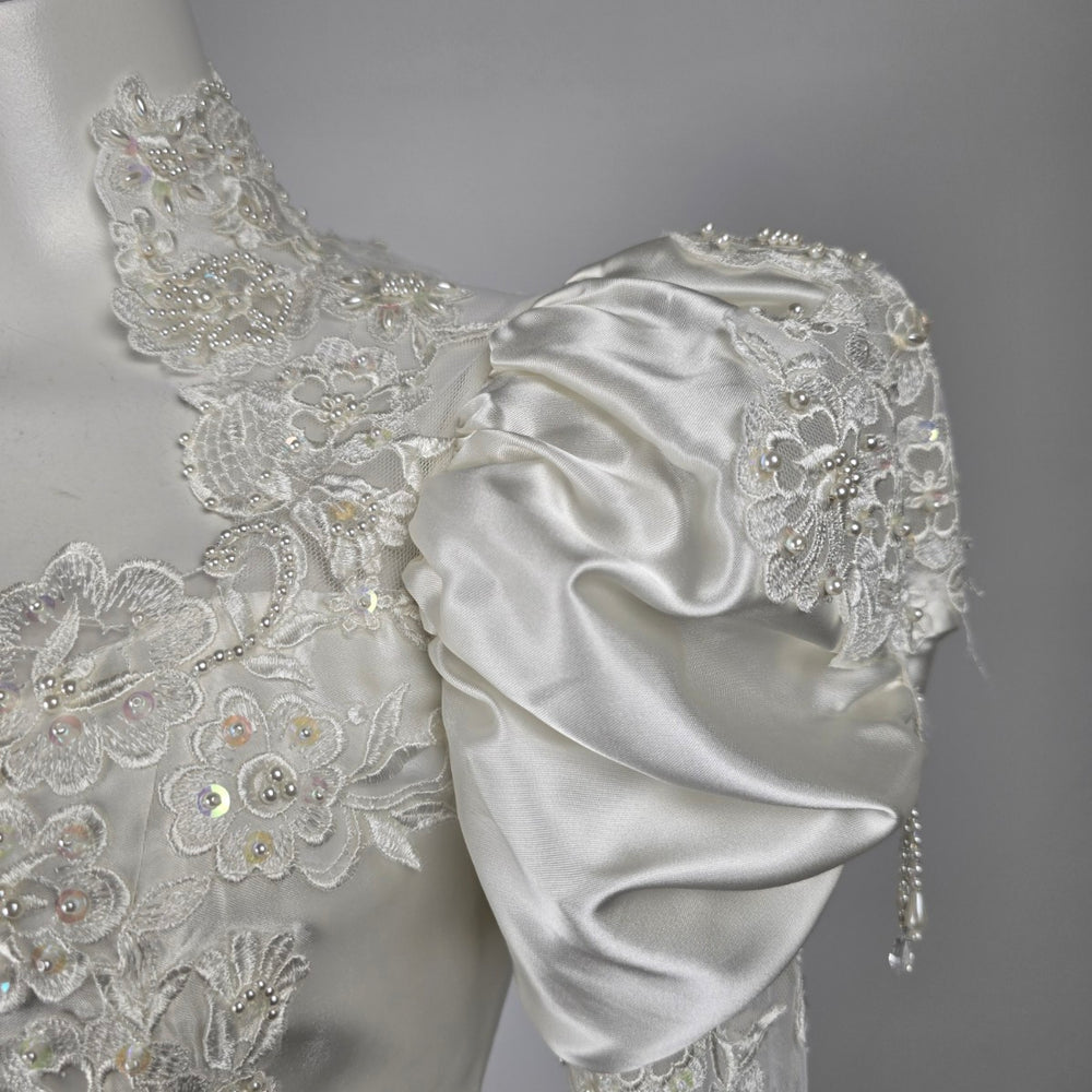 Vintage 90s Ivory Satin Beaded Lace Puff Sleeve Cathedral Train Wedding Gown - Size 11