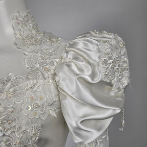 Vintage 90s Ivory Satin Beaded Lace Puff Sleeve Cathedral Train Wedding Gown - Size 11