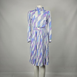 Vintage Pastel Geometric Print Pleated Midi Dress with Belt Long Sleeve - Size S-M