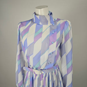 Vintage Pastel Geometric Print Pleated Midi Dress with Belt Long Sleeve - Size S-M