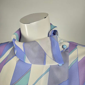 Vintage Pastel Geometric Print Pleated Midi Dress with Belt Long Sleeve - Size S-M