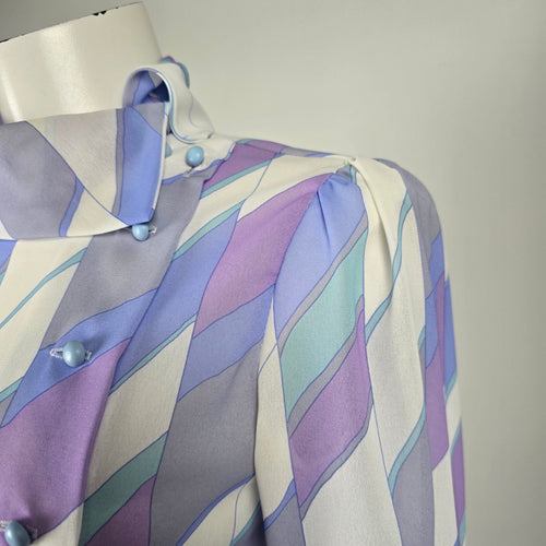 Vintage Pastel Geometric Print Pleated Midi Dress with Belt Long Sleeve - Size S-M