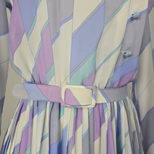 Vintage Pastel Geometric Print Pleated Midi Dress with Belt Long Sleeve - Size S-M